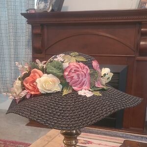 Chic Black and Pink Wide-Brimmed Hat with Floral Accents